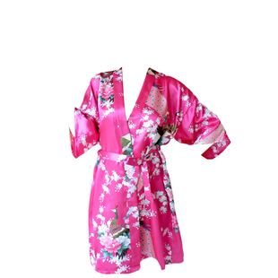 女夏仿真丝酒店美容院和服浴袍孔雀印花睡袍冰丝绸睡衣薄性感短款