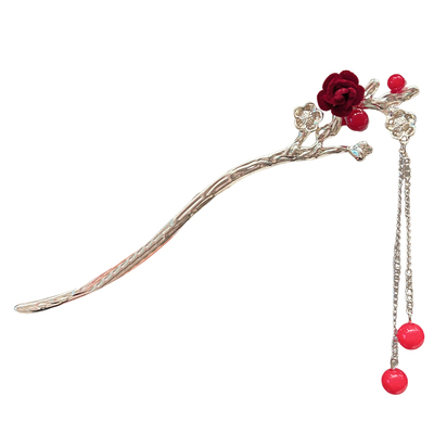 秋冬新款红色玫瑰花流苏发簪