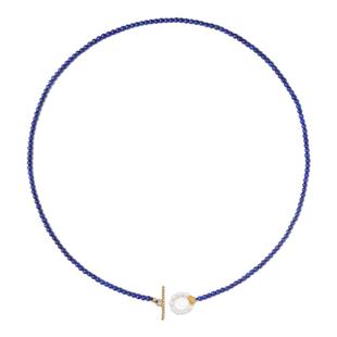 炙真银楼平安锁18K金天然青金石项链女小米珠珍珠锁骨链原石吊坠