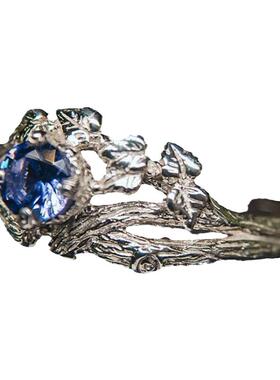 纯银复古坦桑石镶嵌叶子树枝戒指