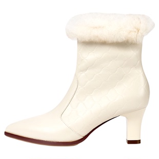 灵梅陈高光鞋羊皮高跟靴冬季毛毛粗跟瘦瘦靴优雅尖头踝靴保暖女靴