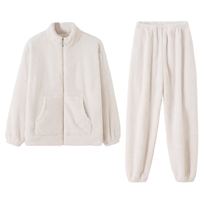 女士珊瑚绒加厚睡衣简约拉链款