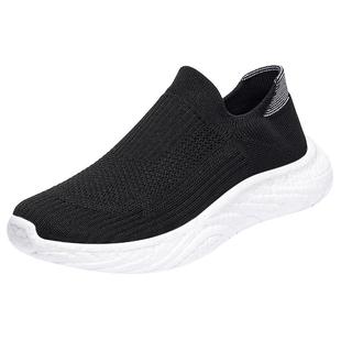 男鞋冬季透气一脚蹬黑色网鞋飞织网面运动跑步鞋休闲软底老人潮鞋