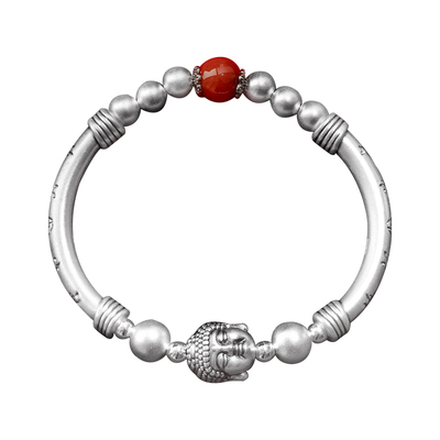 足银999古法五福弯管半镯手串天然南红纯银佛头手链女款国风轻奢