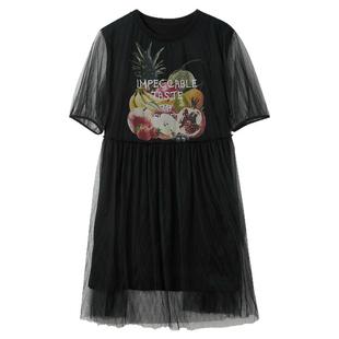 ibudu2025夏季新款宽松假两件连衣裙网纱水果印花T恤裙女