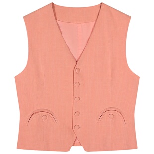 今屿花花 超好看粉色v领马甲女款2025新款夏款上衣外穿无袖棉麻