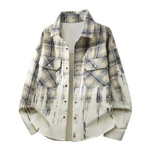 胖男士加肥加大码美式复古格子衬衫长袖翻领扎染宽松休闲外套港式