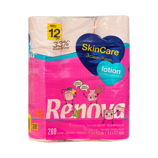RENOVA葡萄牙进口粉色乳液卷筒纸3层12卷卫生纸玫瑰香味厕纸