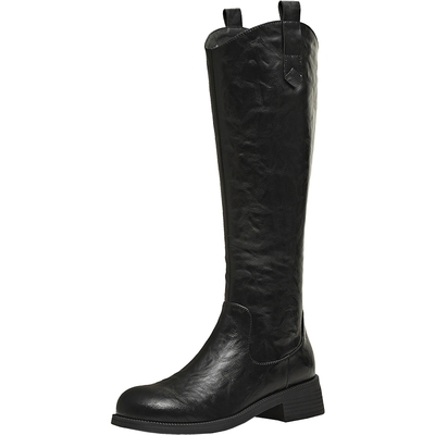 天美意复古厚底V口加绒骑士靴长靴女鞋高筒时装靴皮靴2025冬新款