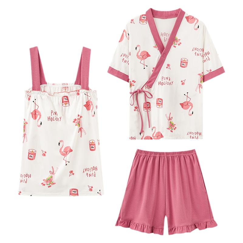 睡衣女士夏季吊带带胸垫短袖和服短裤三件套装大码胖mm纯棉家居服