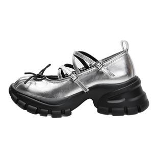 2026年新款玛丽珍鞋女松糕运动厚底夏圆头休闲单鞋银色蕾舞小皮鞋