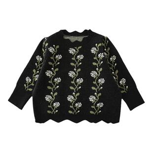 幼悠女童夜幕玫瑰波浪花边毛衣儿童俏皮可爱罗纹防风灯笼袖上衣潮