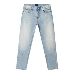 DENHAM女士高品质舒适磨白做旧彩色泼漆剪刀直筒中腰牛仔裤YURI