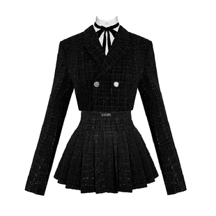 VOCK 暗黑千金 富家精致感新年小香风外套装百褶裙内搭白衬衫名媛