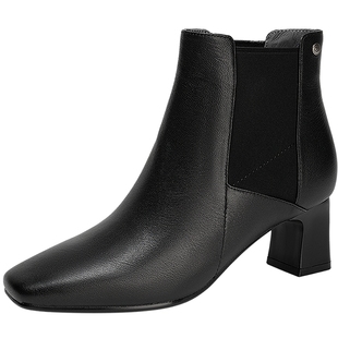 千百度粗高跟羊皮弹力袜靴女2025冬季新款时装靴显瘦烟筒靴短靴子