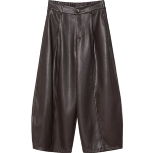 高腰阔腿皮裤女半松紧腰拼接宽松显瘦休闲裤酷感百搭复古九分裤