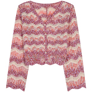 今屿花花 粉色V领镂空针织衫薄款女2025新款防晒开衫外搭罩衫短款