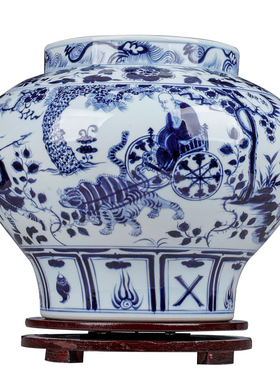 手绘仿古元青花瓷鬼谷子下山大罐