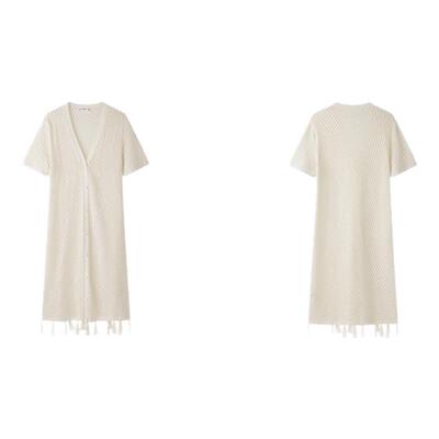 PIT米白镂空钩花短袖开衫中长款针织衫女2025夏波西米亚流苏上衣