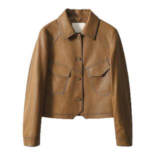 海宁真皮绵羊皮2026春秋季新款短款修身时尚洋气爆款翻领皮衣外套