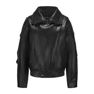 【孟子义同款】NanaJacqueline翻领夹克皮衣新款落肩时尚短外套女