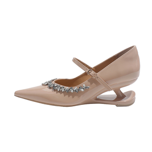 真皮~骄屿尖头裸粉色水钻玛丽珍鞋一字带新款通勤高跟鞋气质单鞋