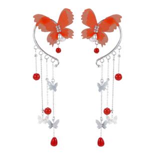 手工蝴蝶耳环薄纱流苏耳挂原创汉服超仙耳饰高级感无耳洞古风耳夹