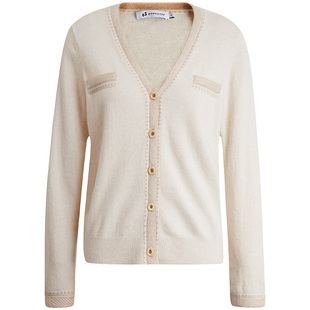 皮皮狗早春新款V领半精纺羊绒开衫女外套时尚针织上衣