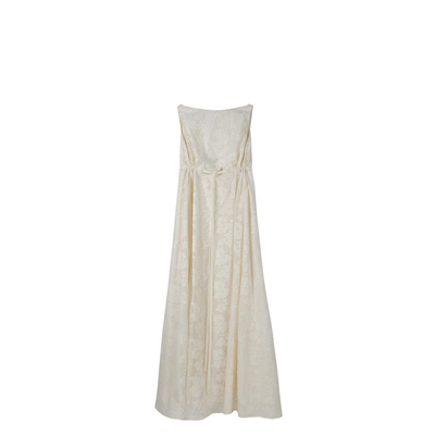 一字领露背杏色蕾丝法式连衣裙