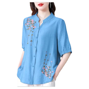 妈妈装夏装短袖棉麻衬衫中年女装时尚绣花小衫宽松减龄遮肚子上衣