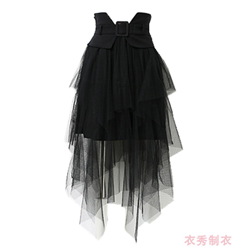 黑色不规则网纱半身裙时尚腰封中长款高腰显瘦a字裙夏季性感纱裙
