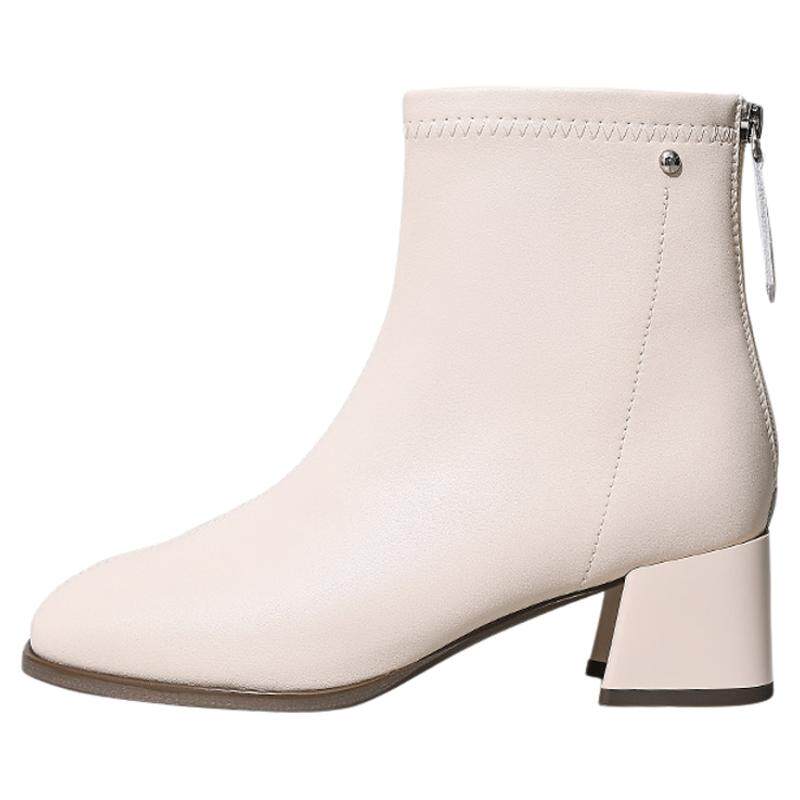 高蒂白色短靴高跟女靴子秋冬法式小踝靴小香风粗跟瘦瘦靴
