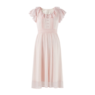 秋水伊人气质荷叶边小飞袖连衣裙2026年夏季新款女高腰A字中长裙