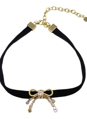 网红同款缪家镶钻蝴蝶结颈链ins小众轻奢闪钻锁骨链黑色丝绒颈带