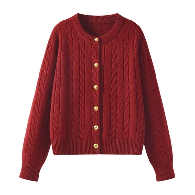 都市丽人红色毛衣外套女针织开衫