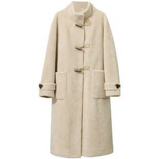 Amii宽松长款半高领落肩袖环保颗粒绒皮草大衣女冬牛角扣保暖外套