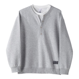 LUUD 早春儒雅极简拼接假两件上衣T恤纽扣装饰双层领口长袖卫衣男