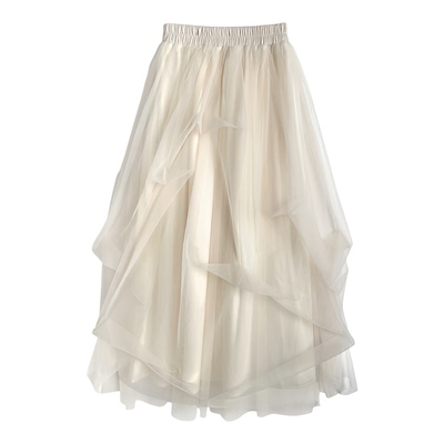 日系薄纱高腰不规则半身裙