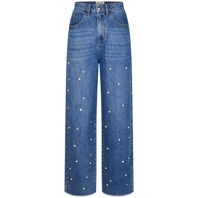 PORTSPURE女装夏季珍珠休闲阔腿牛仔裤RT7P209NDC018