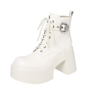 亮皮机车靴子松糕跟女鞋粗高跟厚底短靴真皮马丁靴绑带短筒靴增高