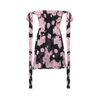 Maison Wester2025早秋新款流行黑拼粉玫瑰图案印花方领短连衣裙