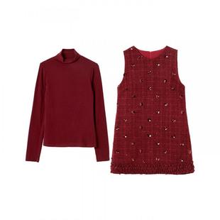 宝诗黎小香风亮片格子红色连衣裙2026春季气质韩系时尚休闲背心裙