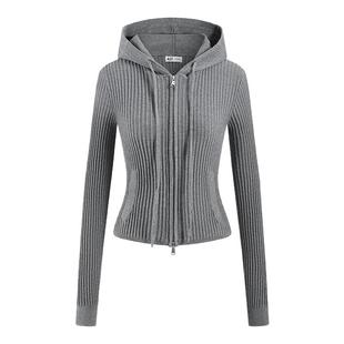 A21女装连帽毛针织衫修身显瘦长袖拉链开衫上衣外套