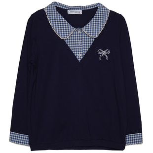 艾依琪格大码女装秋2025新款学院风娃娃领格子假两件上衣胖mm长袖