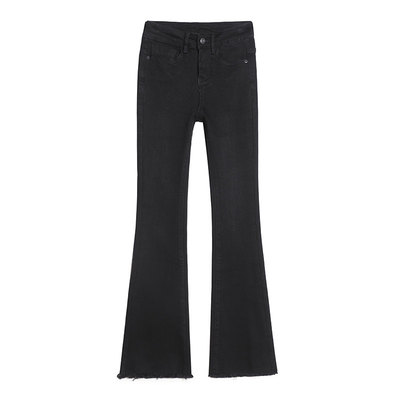 微喇叭牛仔裤女黑色弹力秋冬加绒