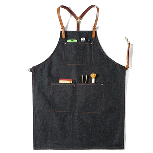 牛仔围裙logo订制高档男士咖啡师调酒师匠人皮质背带帆布工作服女