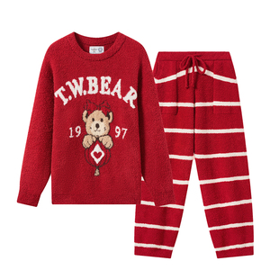 TeenieWeenie小熊半边绒睡衣女士2025新款情侣红色新年家居服套装