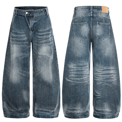 BCRA美式复古水洗做旧深蓝阔腿牛仔裤男女新款宽松直筒垂感长裤潮