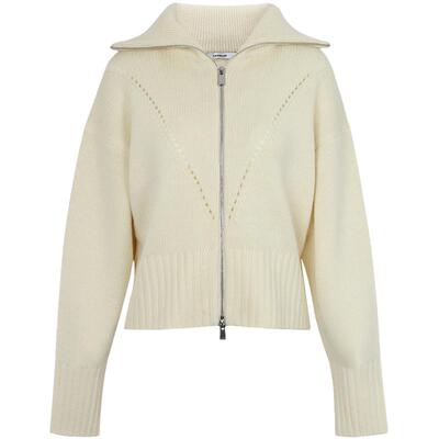 CALVINLUO 米白翻领拉链宽松长袖羊毛针织开衫 新品