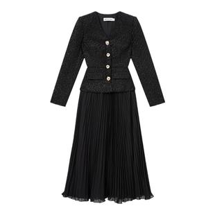 self-portrait 秋冬经典黑卢勒克斯粗花呢假两件连衣裙